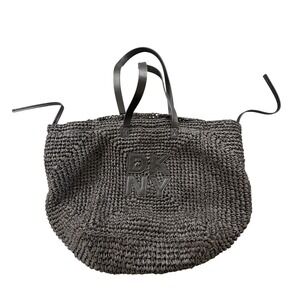 DKNY Black Woven Straw Paper Tote Bag Large Logo Summer Beach